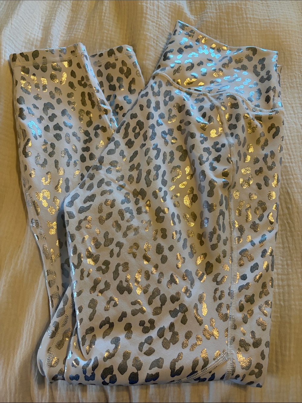 Fabletics White Leggings with Gold & Gray Leopard Print